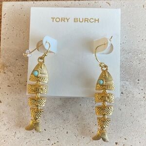 Tory Burch Gold Fishbone Earrings with Turquoise